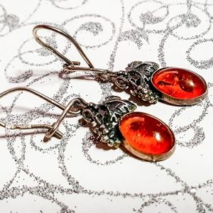 Vintage Amber Wine Setting Silver Earrings